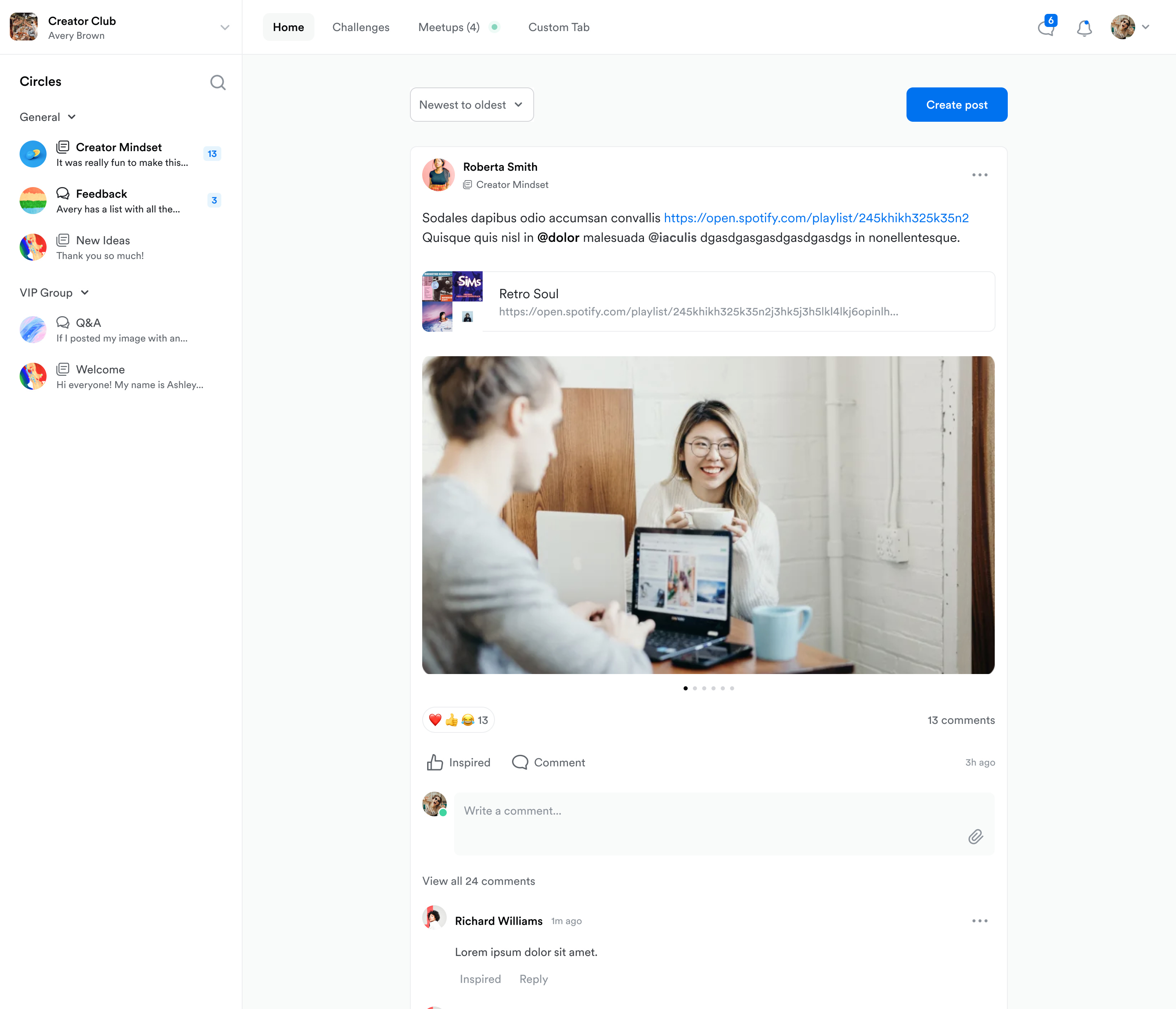 Screenshot: community sidebar navigation listing Feed, Challenges, Events, Announcements, and Global leaderboard