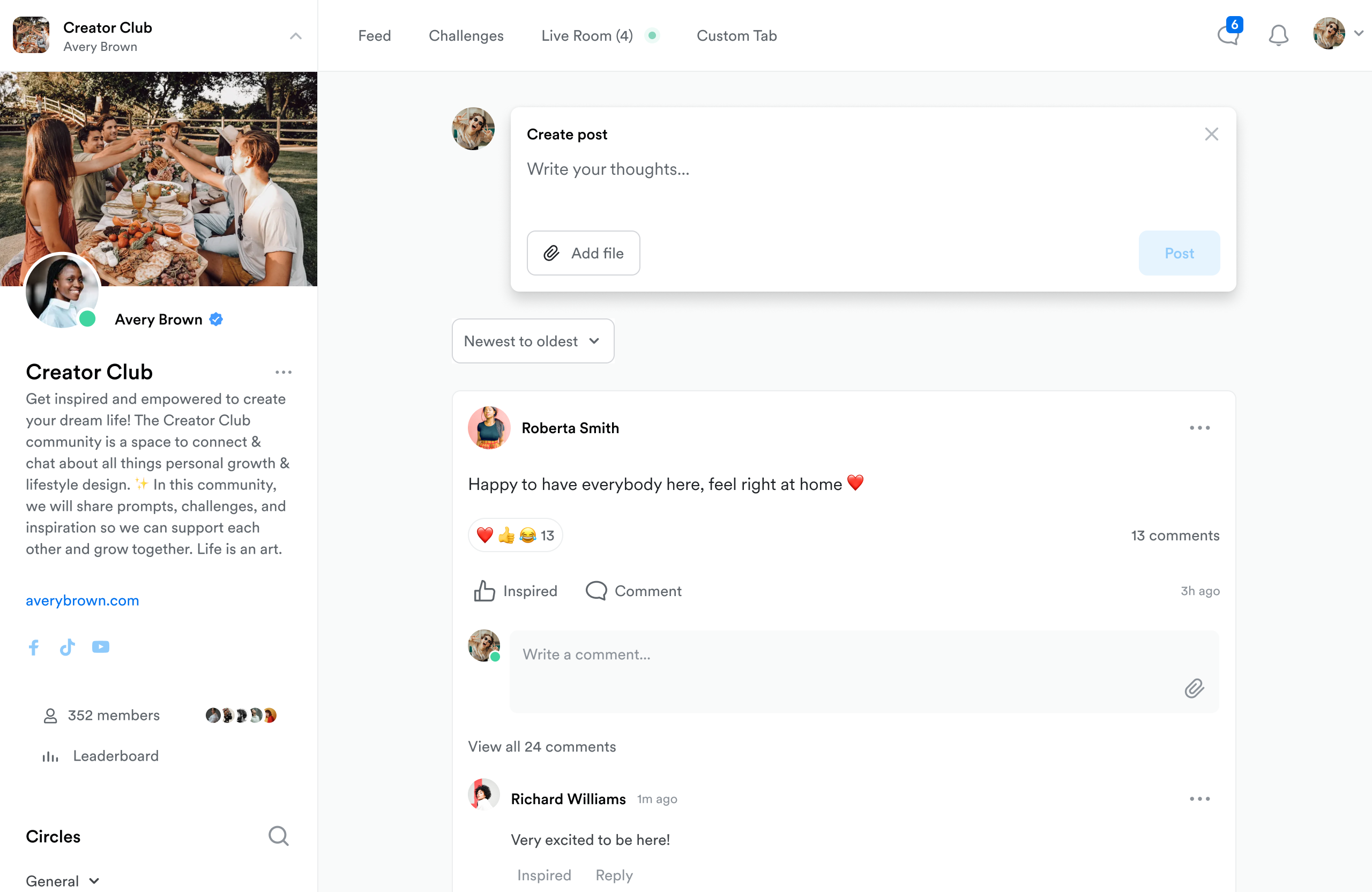 Screenshot: Creator Club group navigation overlapping a cover photo